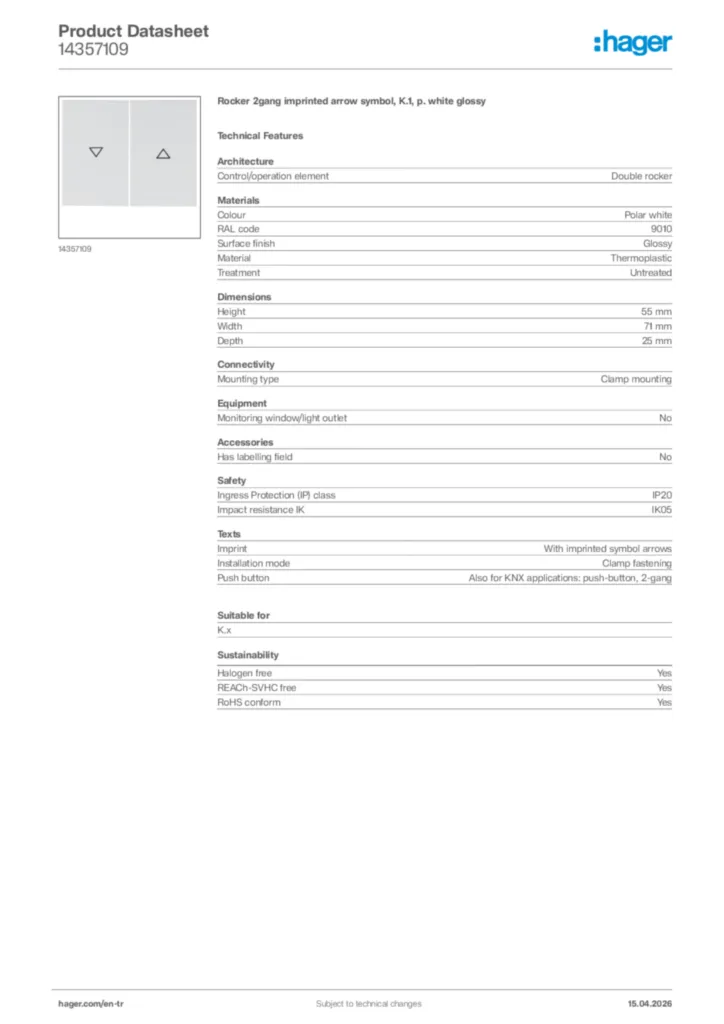 Image Hager Product data sheet 14357109  | Hager