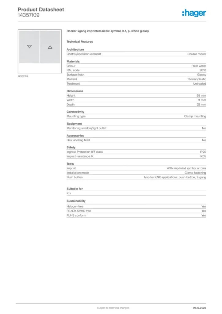Image Hager Product data sheet 14357109  | Hager