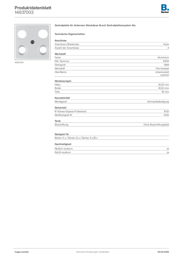 Bild Berker Produktdatenblatt 14837003 | Hager Deutschland