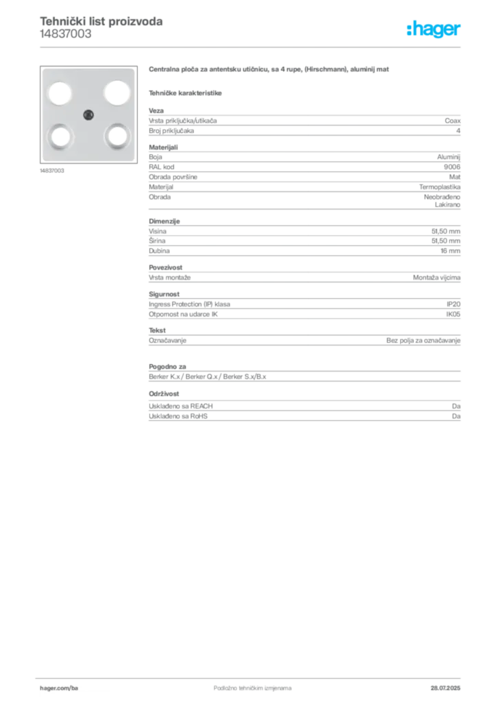 Slika Hager Product data sheet 14837003  | Hager