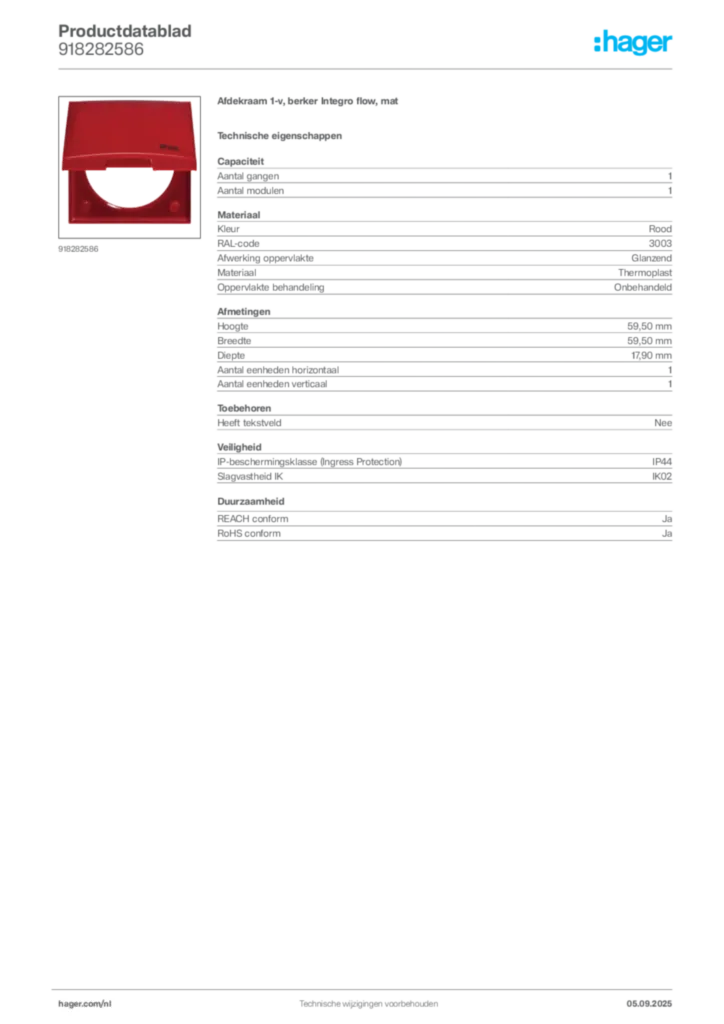 Afbeelding Hager Productdatablad 918282586 | Hager Nederland
