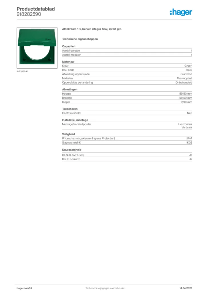 Afbeelding Hager Productdatablad 918282590 | Hager Nederland