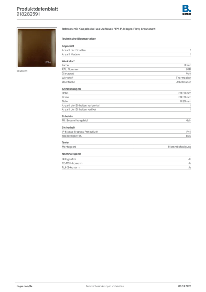 Bild Berker Produktdatenblatt 918282591 | Hager Deutschland