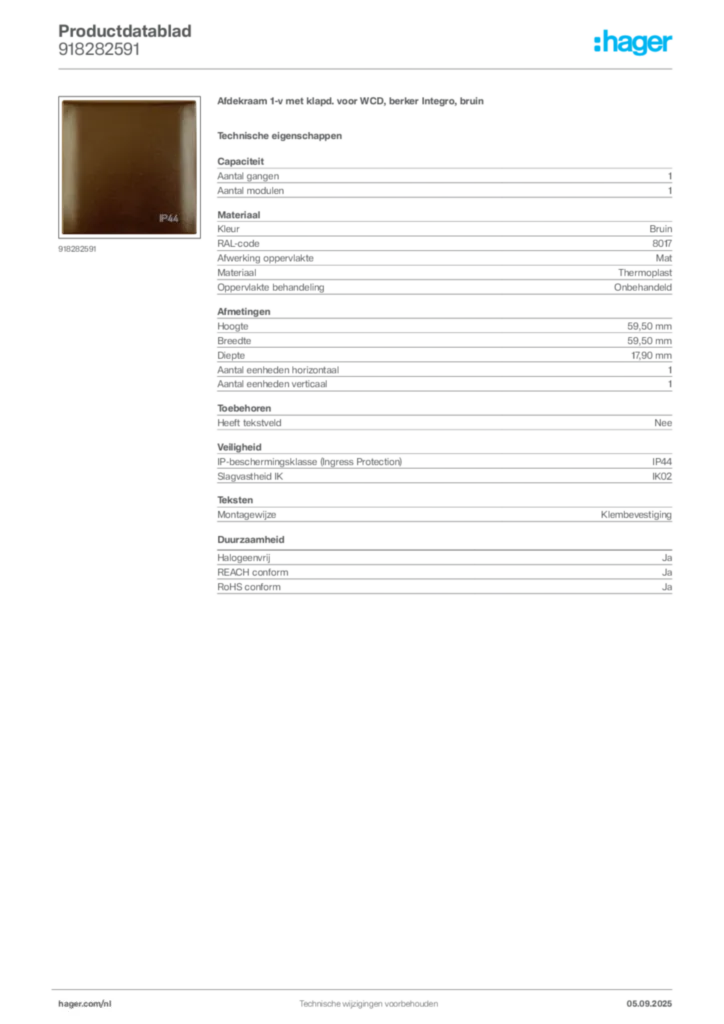 Afbeelding Hager Productdatablad 918282591 | Hager Nederland