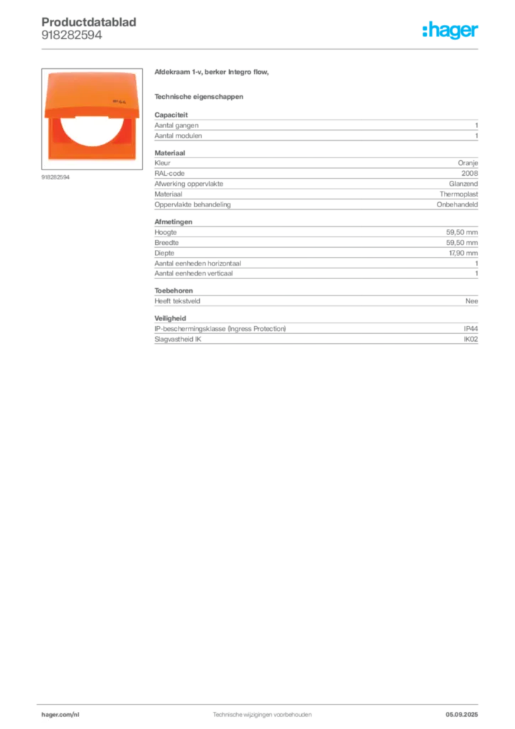 Afbeelding Hager Productdatablad 918282594 | Hager Nederland