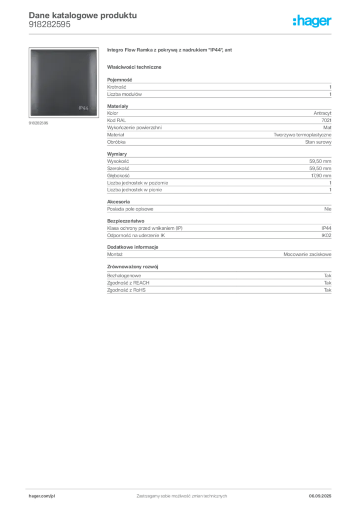 Zdjęcie Hager Dane katalogowe produktu 918282595 | Hager Polska