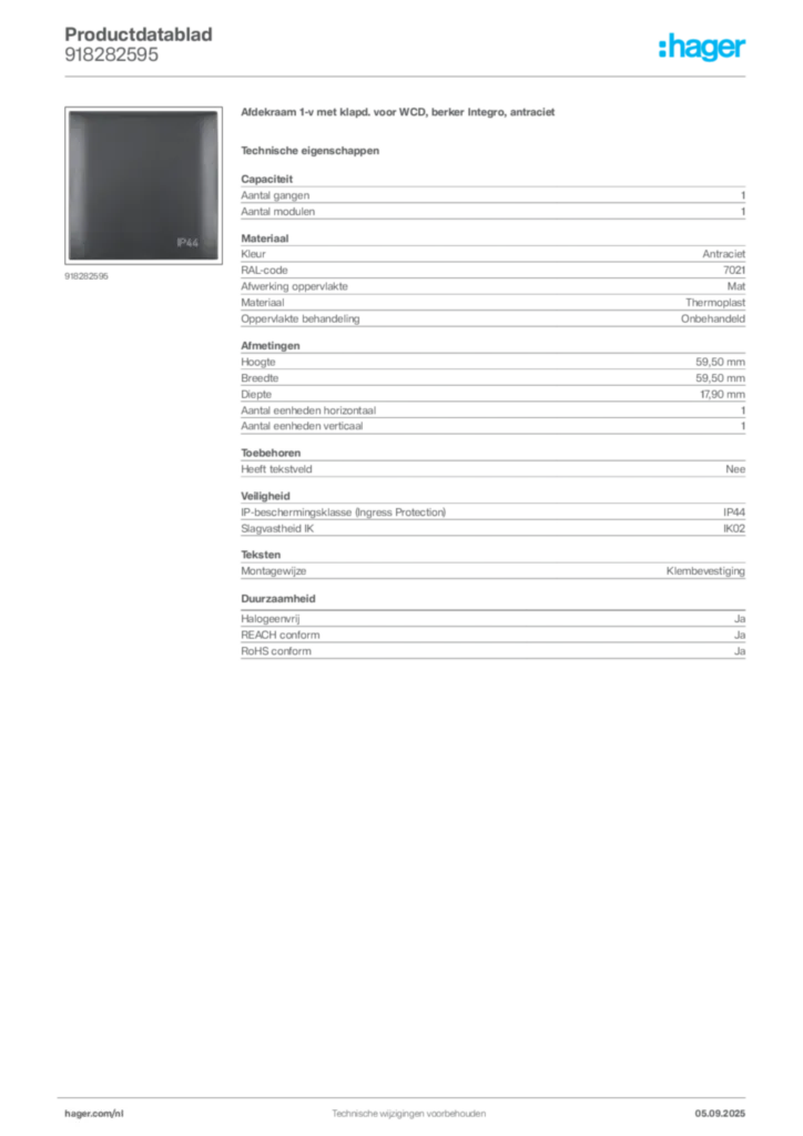 Afbeelding Hager Productdatablad 918282595 | Hager Nederland