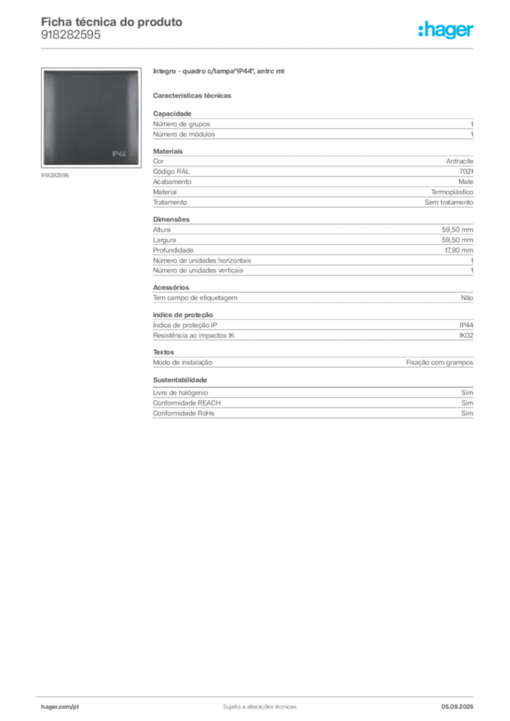 Imagem Hager Ficha técnica do produto 918282595 | Hager Portugal