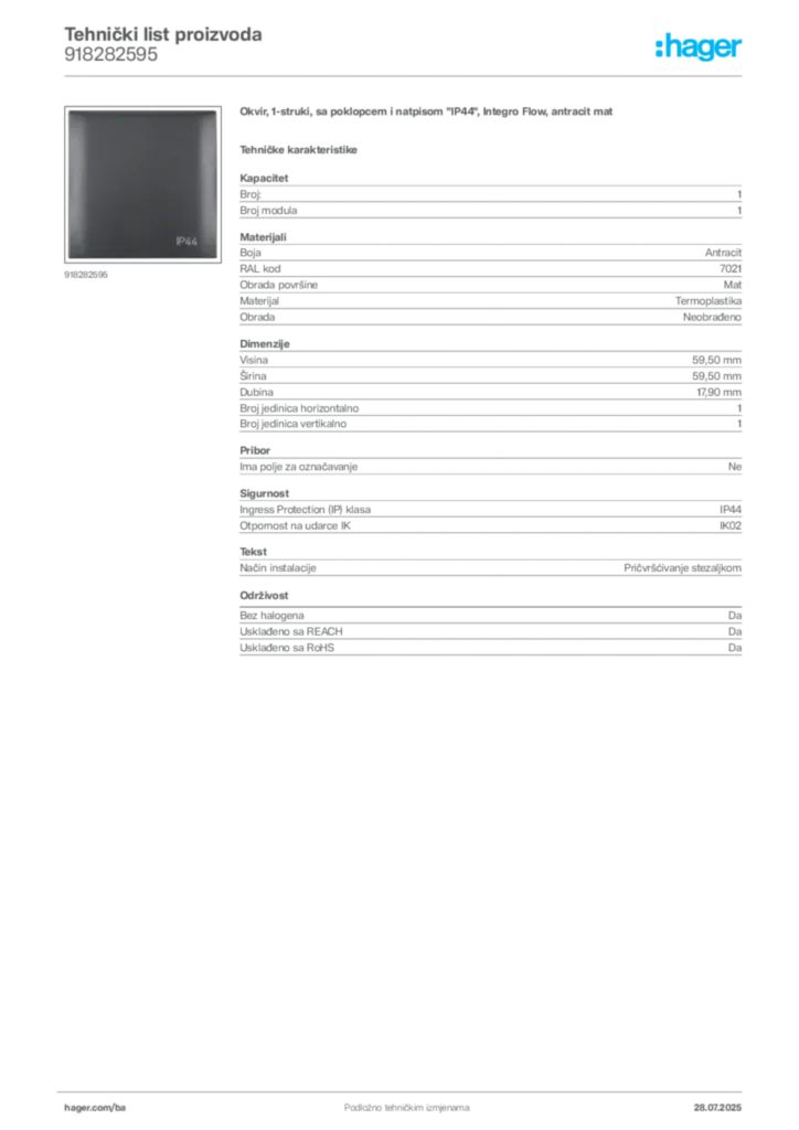 Slika Hager Product data sheet 918282595  | Hager