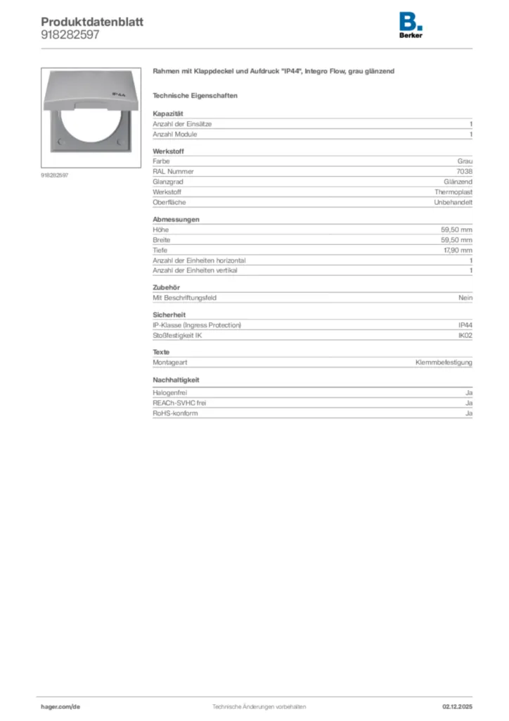 Bild Berker Produktdatenblatt 918282597 | Hager Deutschland