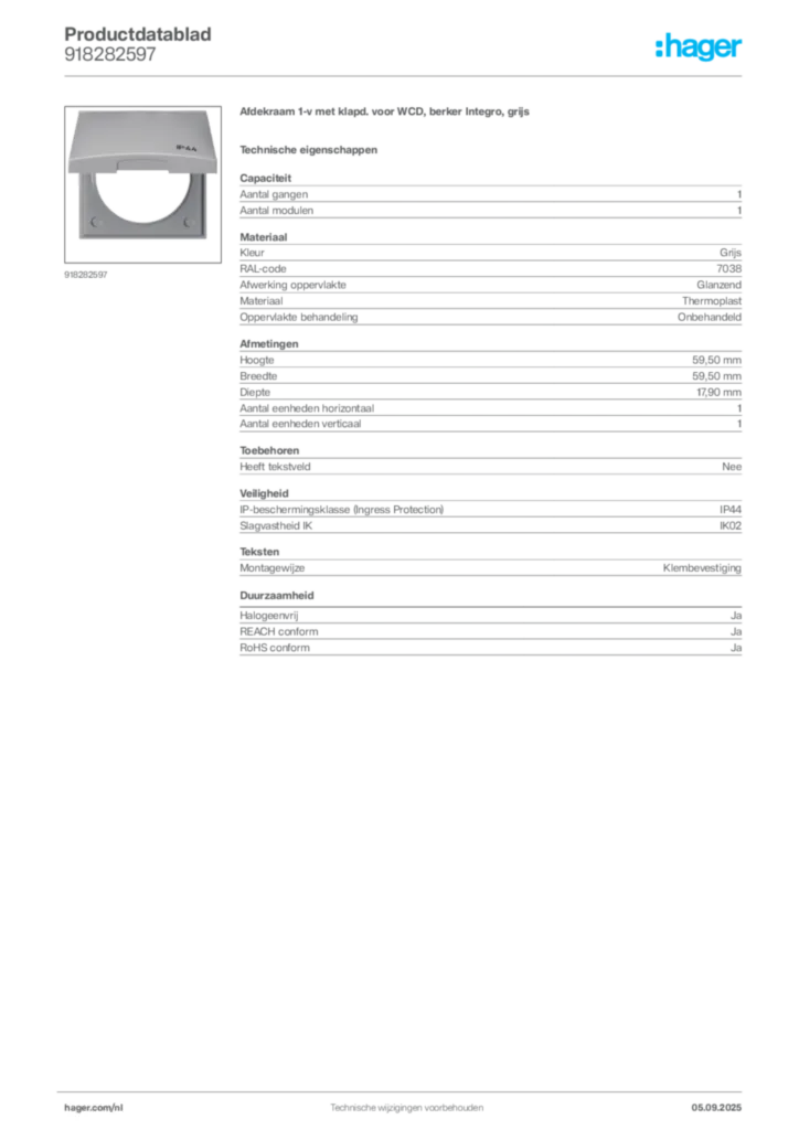 Afbeelding Hager Productdatablad 918282597 | Hager Nederland