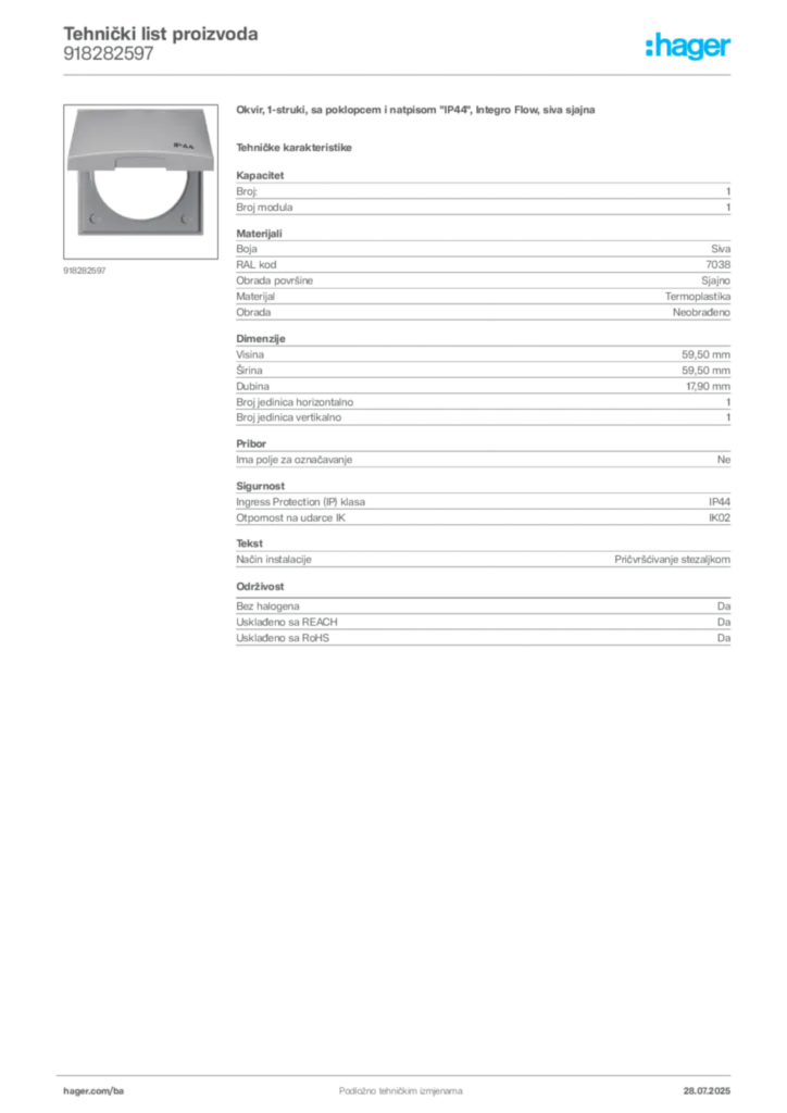 Slika Hager Product data sheet 918282597  | Hager
