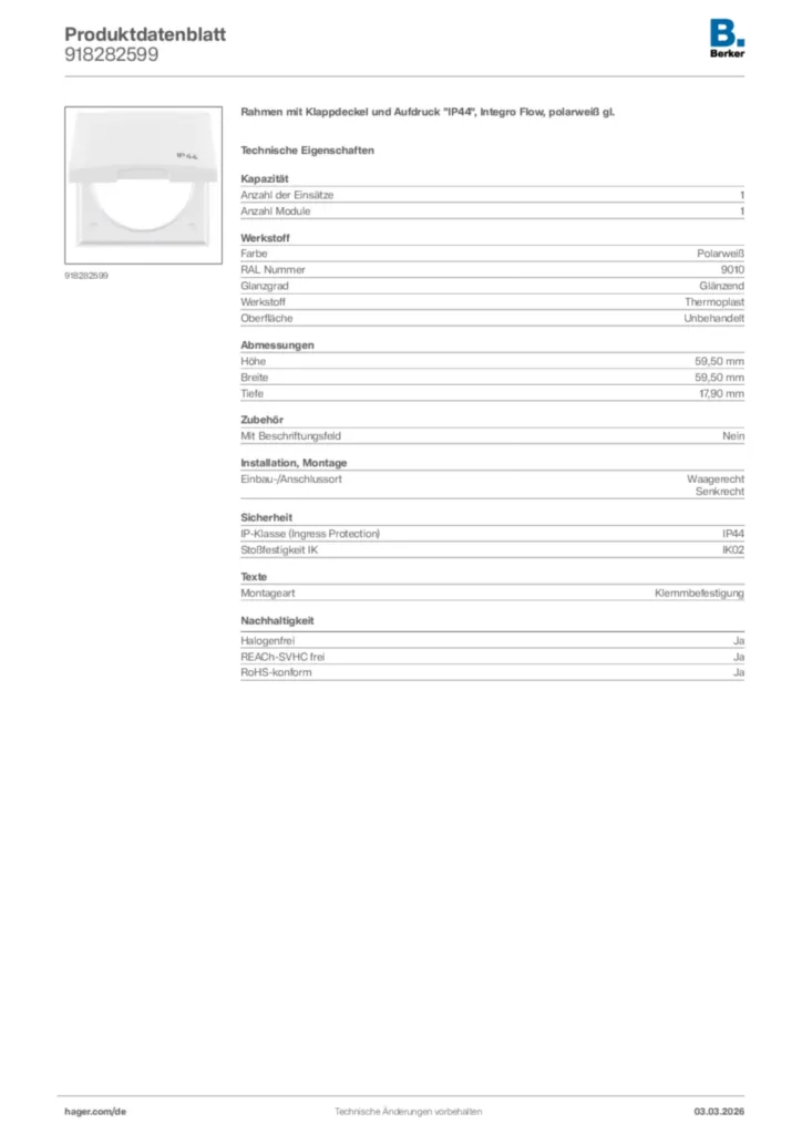 Bild Berker Produktdatenblatt 918282599 | Hager Deutschland
