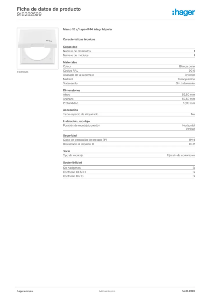 Imagen Hager Ficha de datos de producto 918282599 | Hager España