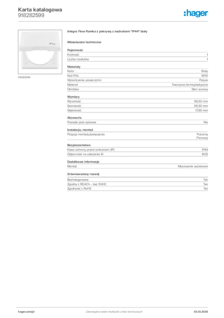 Zdjęcie Hager Karta katalogowa 918282599 | Hager Polska