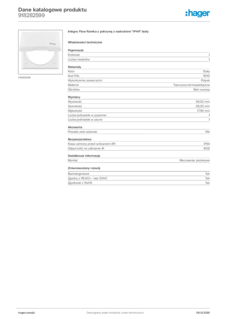 Zdjęcie Hager Karta katalogowa 918282599 | Hager Polska