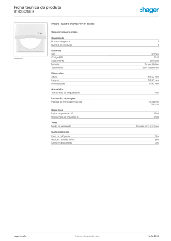Imagem Hager Ficha técnica do produto 918282599 | Hager Portugal