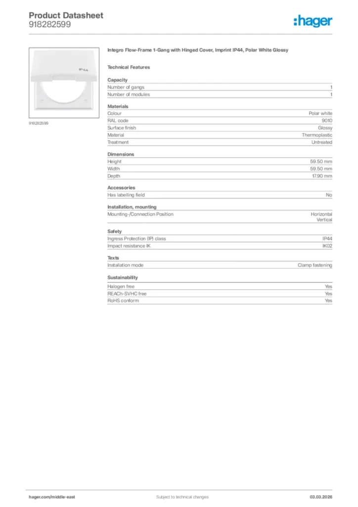 Image Hager Product data sheet 918282599  | Hager