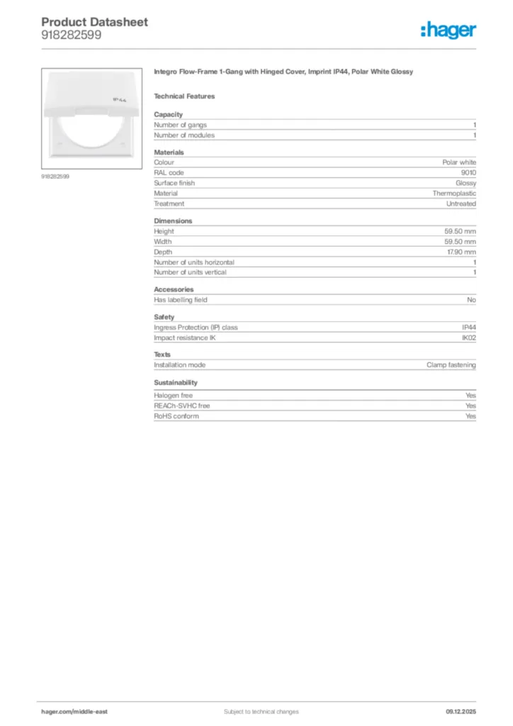 Image Hager Product data sheet 918282599  | Hager