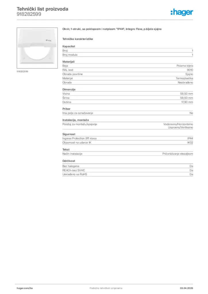 Slika Hager Tehnički list proizvoda 918282599  | Hager