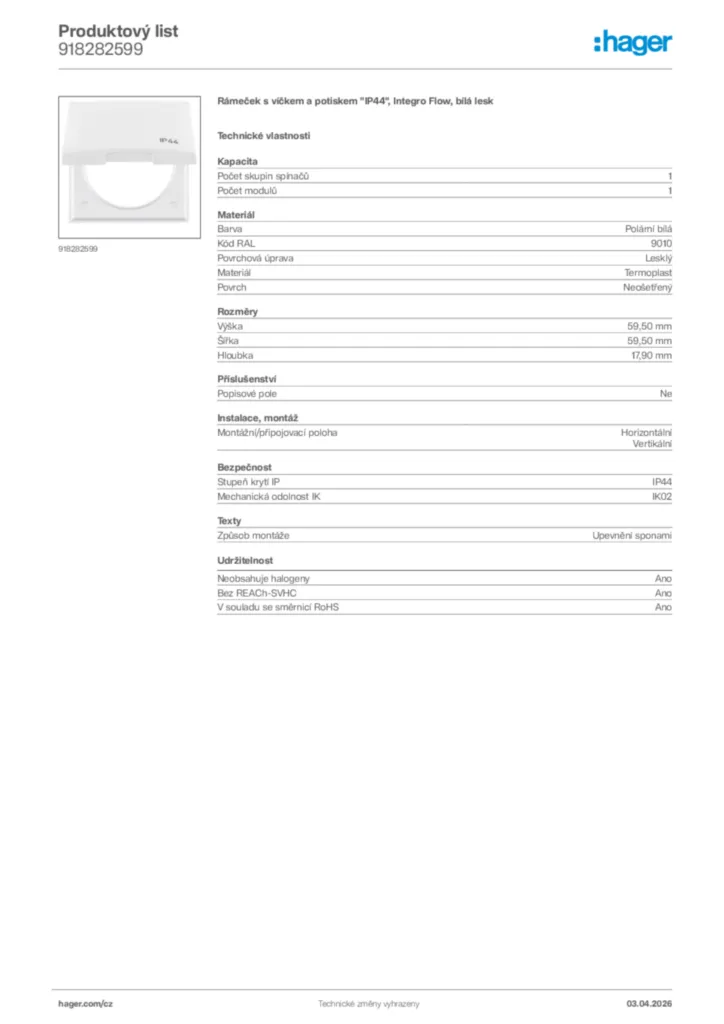 Obrázek Hager Product data sheet 918282599 | Hager