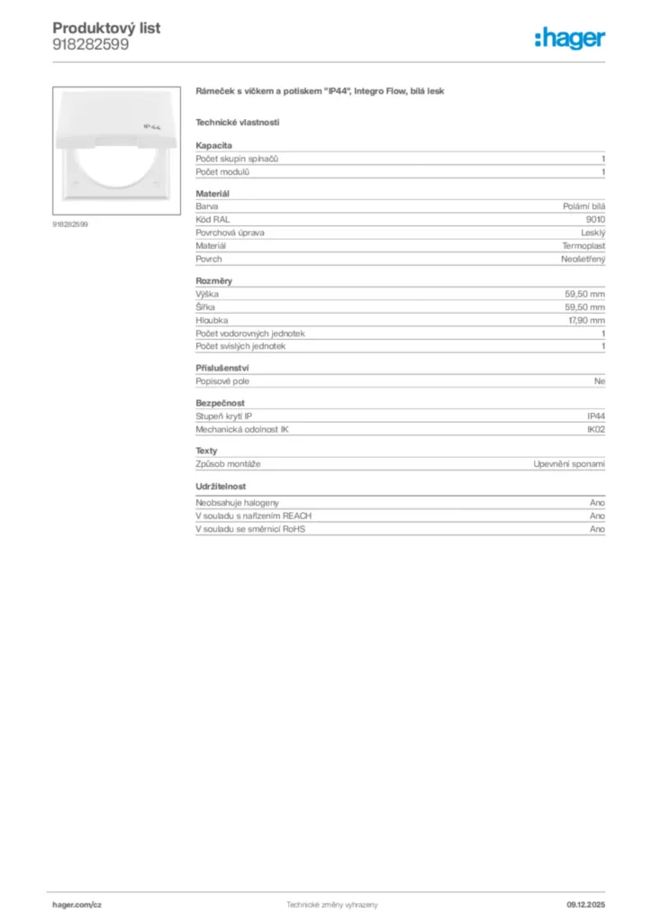 Obrázek Hager Product data sheet 918282599 | Hager