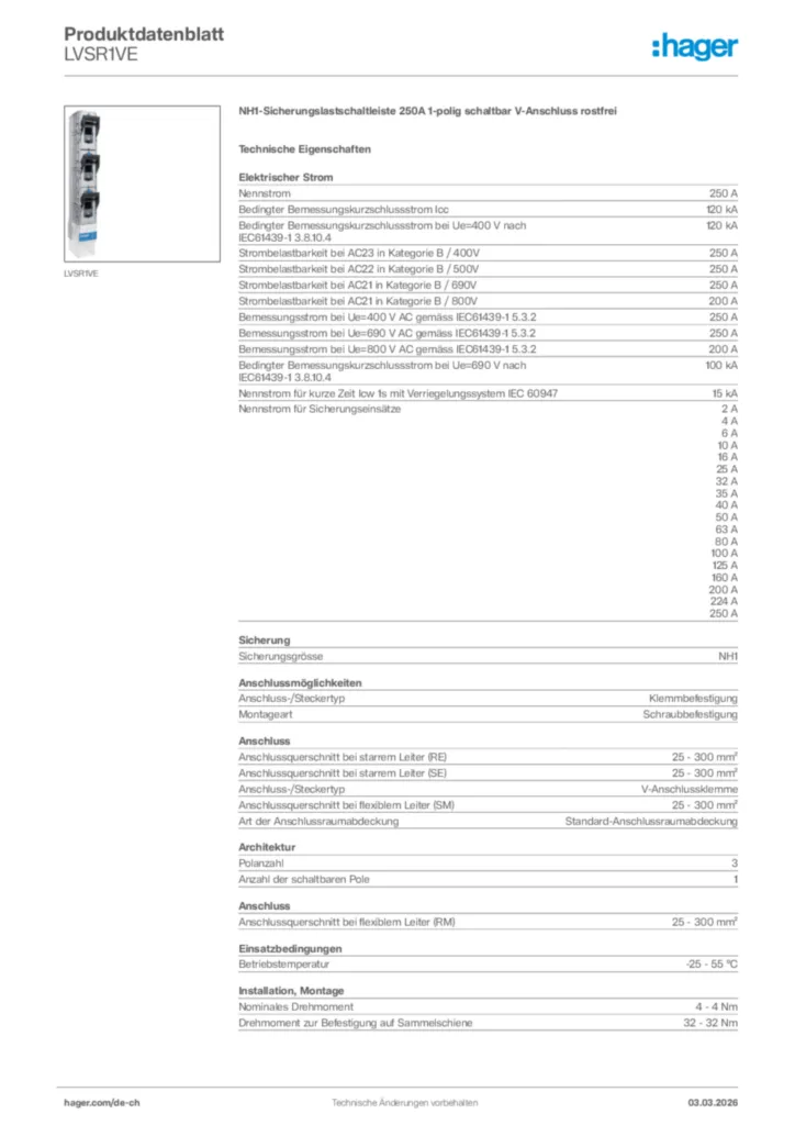 Bild Hager Produktdatenblatt LVSR1VE | Hager Schweiz