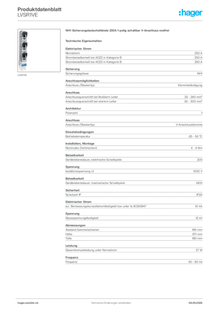 Bild Hager Produktdatenblatt LVSR1VE | Hager Schweiz