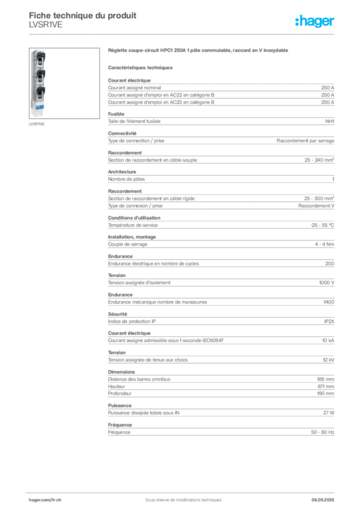 Image Hager Fiche technique du produit LVSR1VE | Hager Suisse