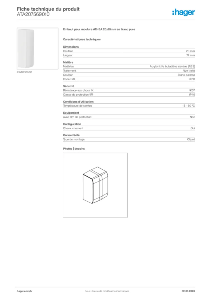 Image Hager Fiche technique du produit ATA207569010 | Hager France