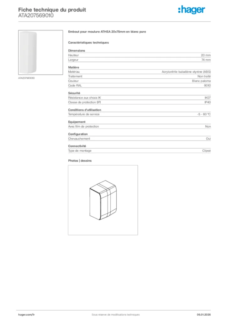 Image Hager Fiche technique du produit ATA207569010 | Hager France