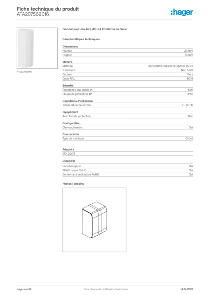 Image Hager Fiche technique du produit ATA207569016 | Hager France
