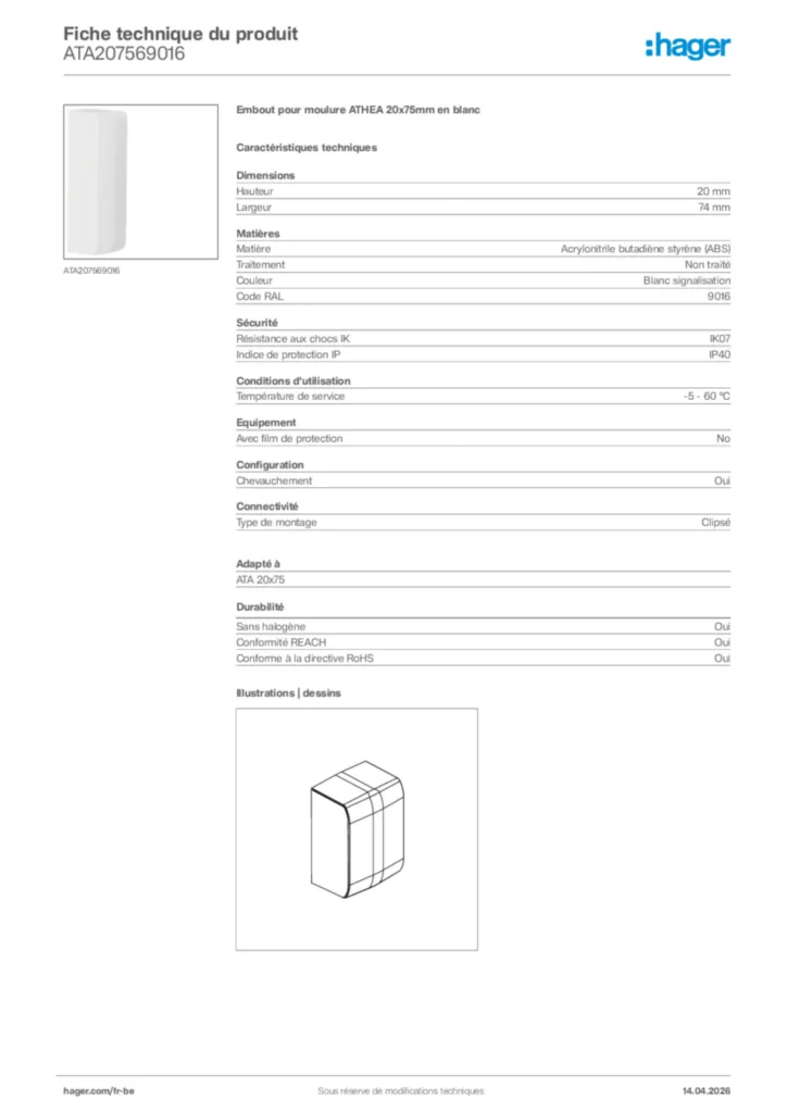 Image Hager Fiche technique du produit ATA207569016 | Hager Belgique
