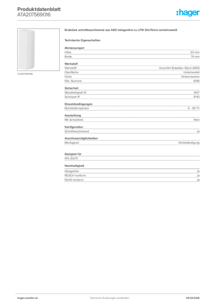 Bild Hager Produktdatenblatt ATA207569016 | Hager Schweiz