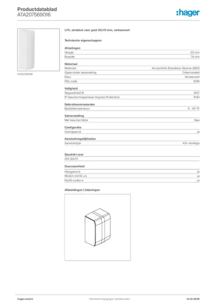 Afbeelding Hager Productdatablad ATA207569016 | Hager Nederland