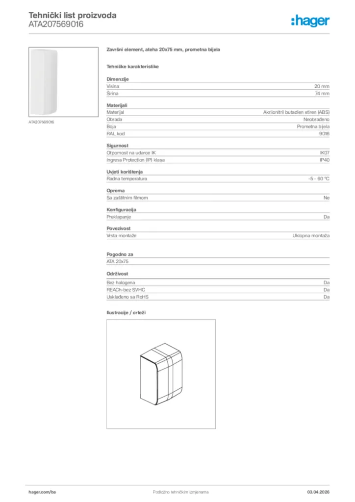 Slika Hager Tehnički list proizvoda ATA207569016  | Hager