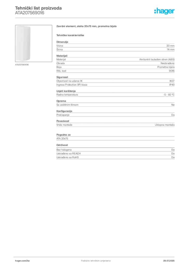 Slika Hager Product data sheet ATA207569016  | Hager