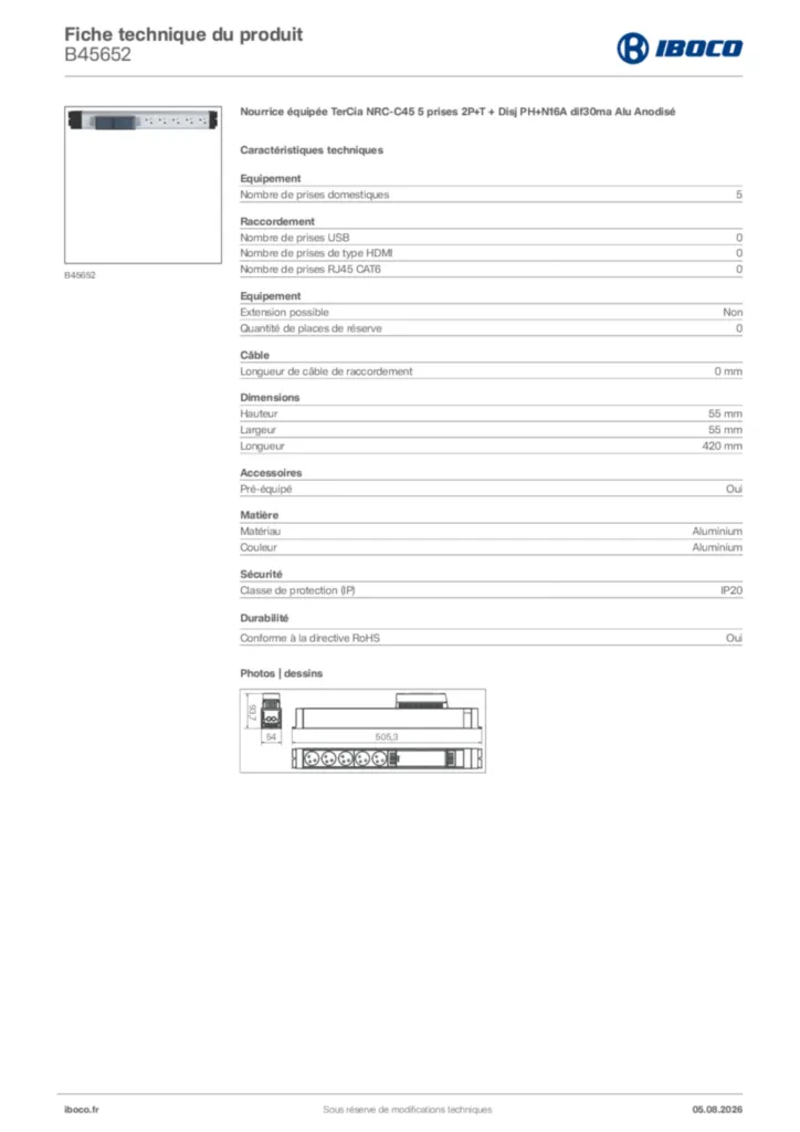 Image Iboco Fiche technique du produit B45652 | Hager France