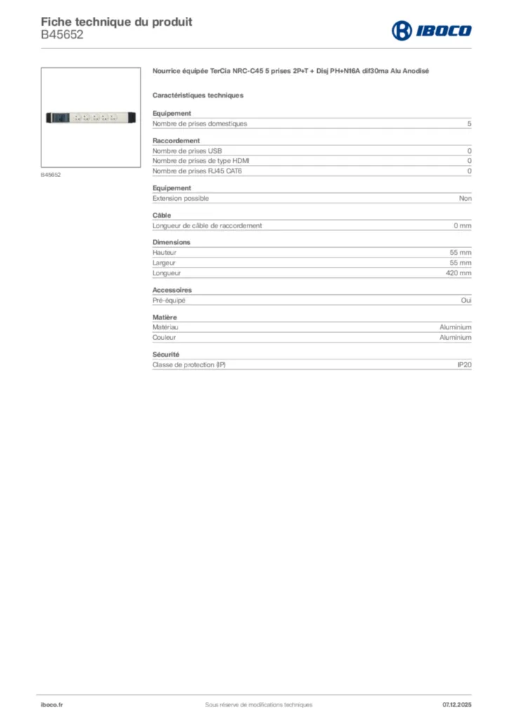 Image Iboco Fiche technique du produit B45652 | Hager France