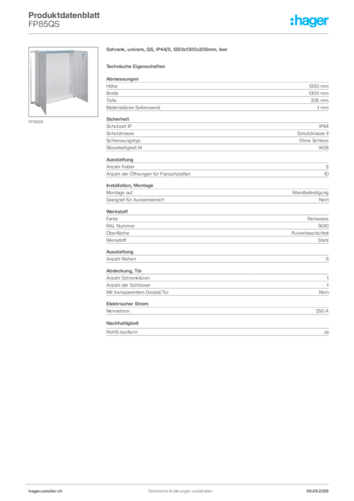 Bild Hager Produktdatenblatt FP85QS | Hager Schweiz
