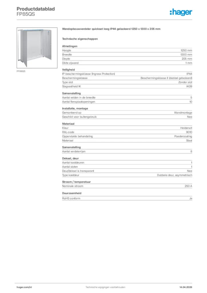 Afbeelding Hager Productdatablad FP85QS | Hager Nederland