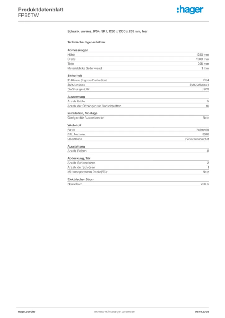 Bild Hager Produktdatenblatt FP85TW | Hager Deutschland