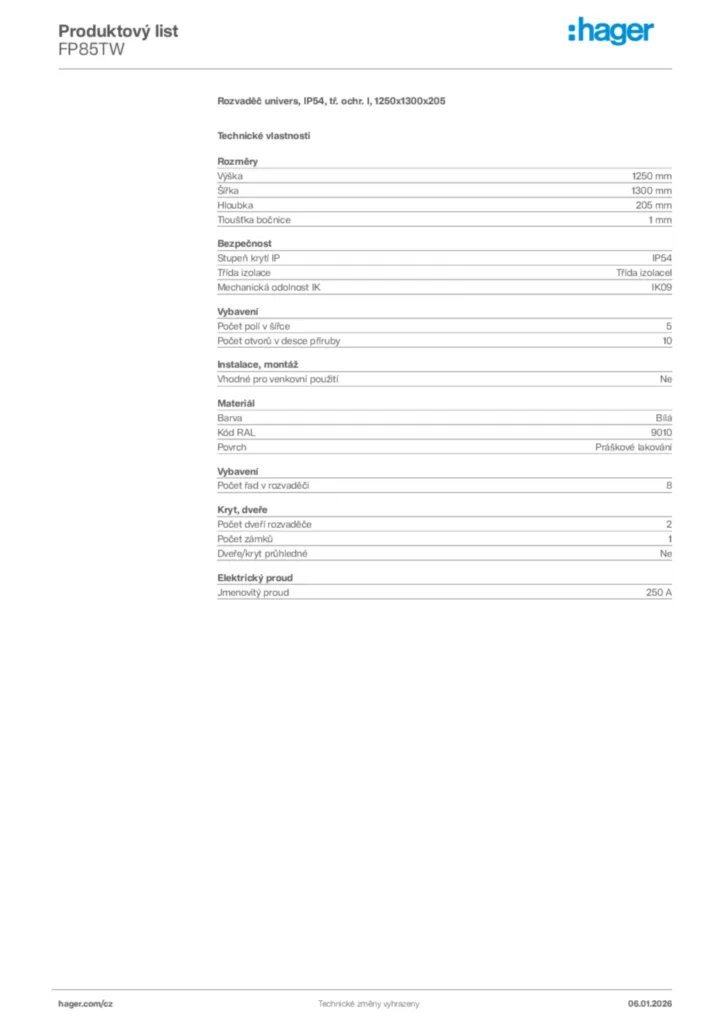 Obrázek Hager Product data sheet FP85TW | Hager
