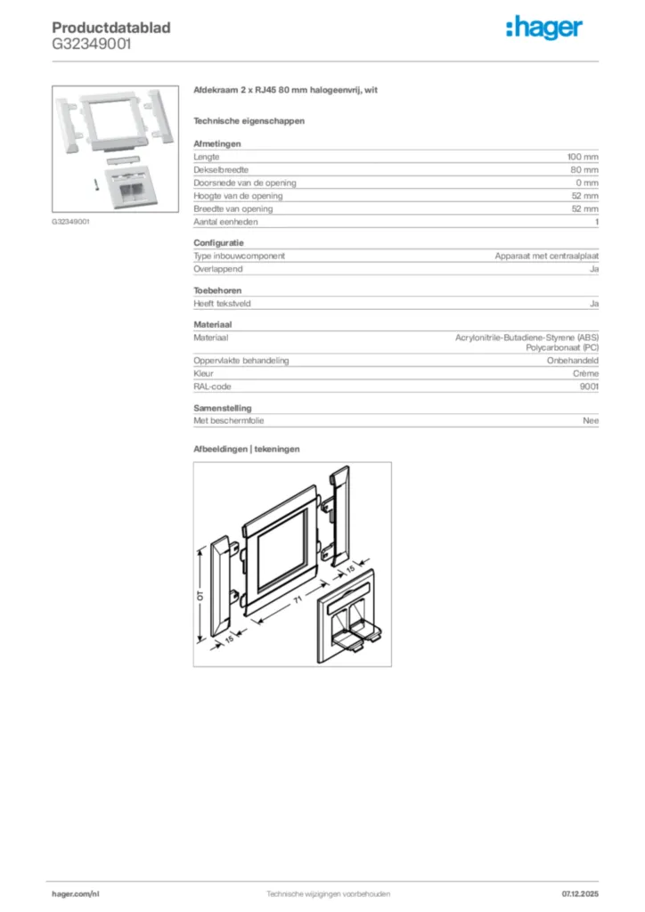 Afbeelding Hager Productdatablad G32349001 | Hager Nederland