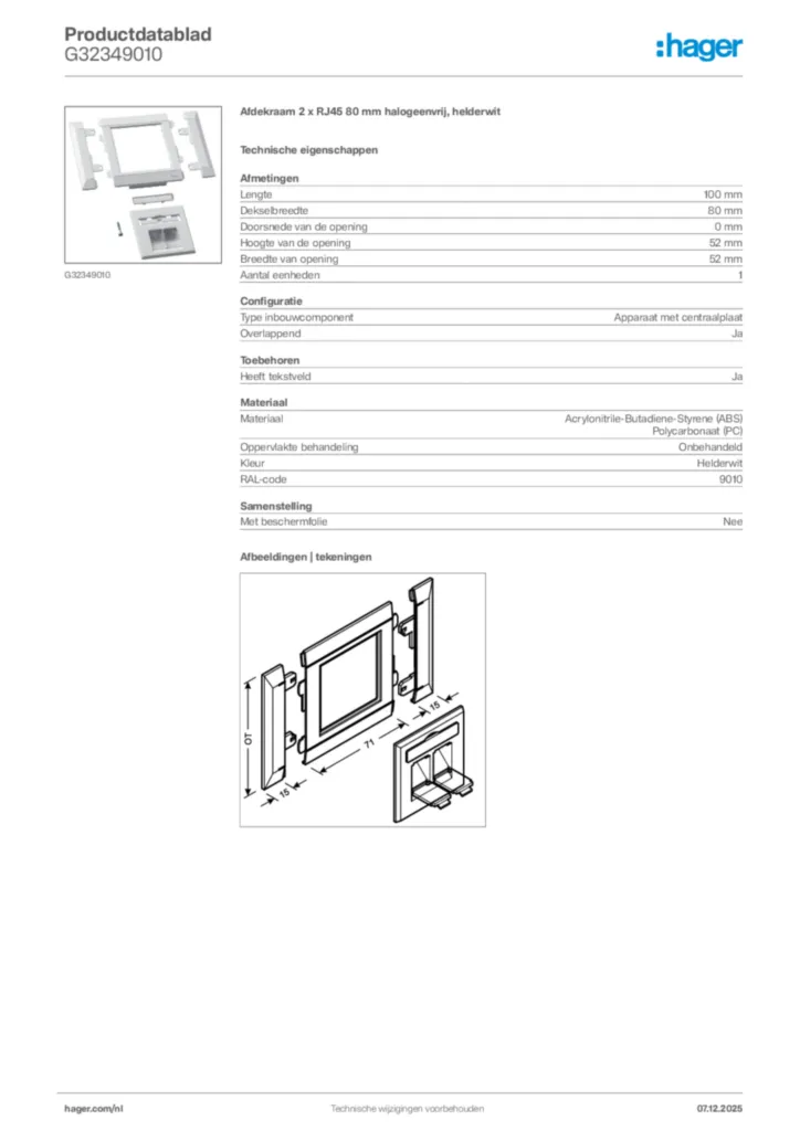 Afbeelding Hager Productdatablad G32349010 | Hager Nederland