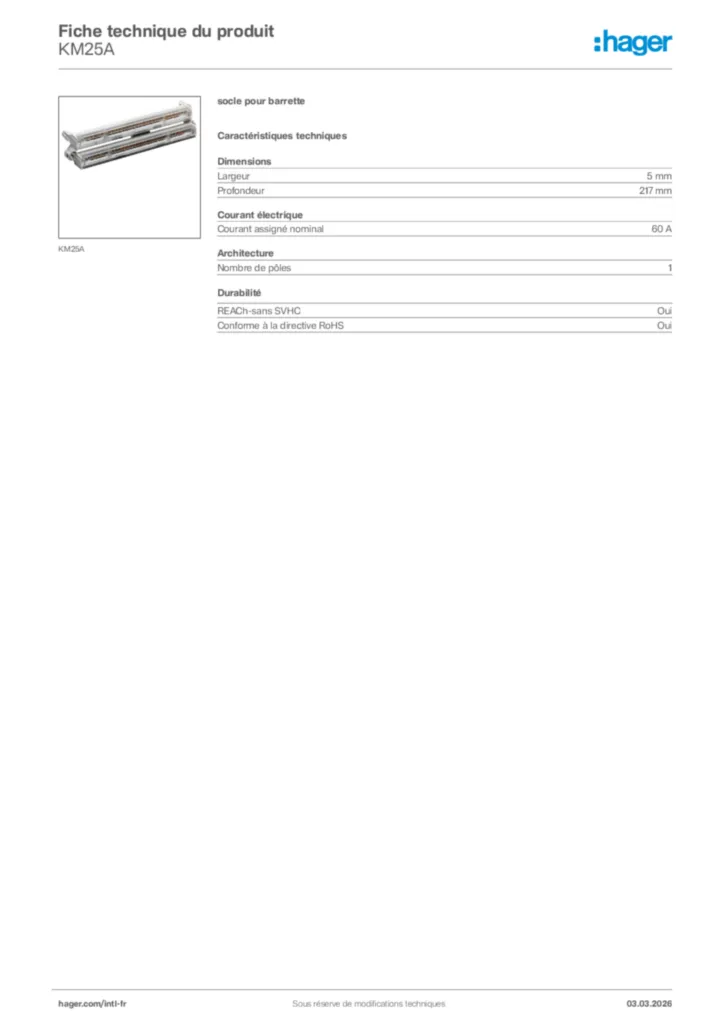 Image Hager Fiche technique du produit KM25A | Hager Afrique