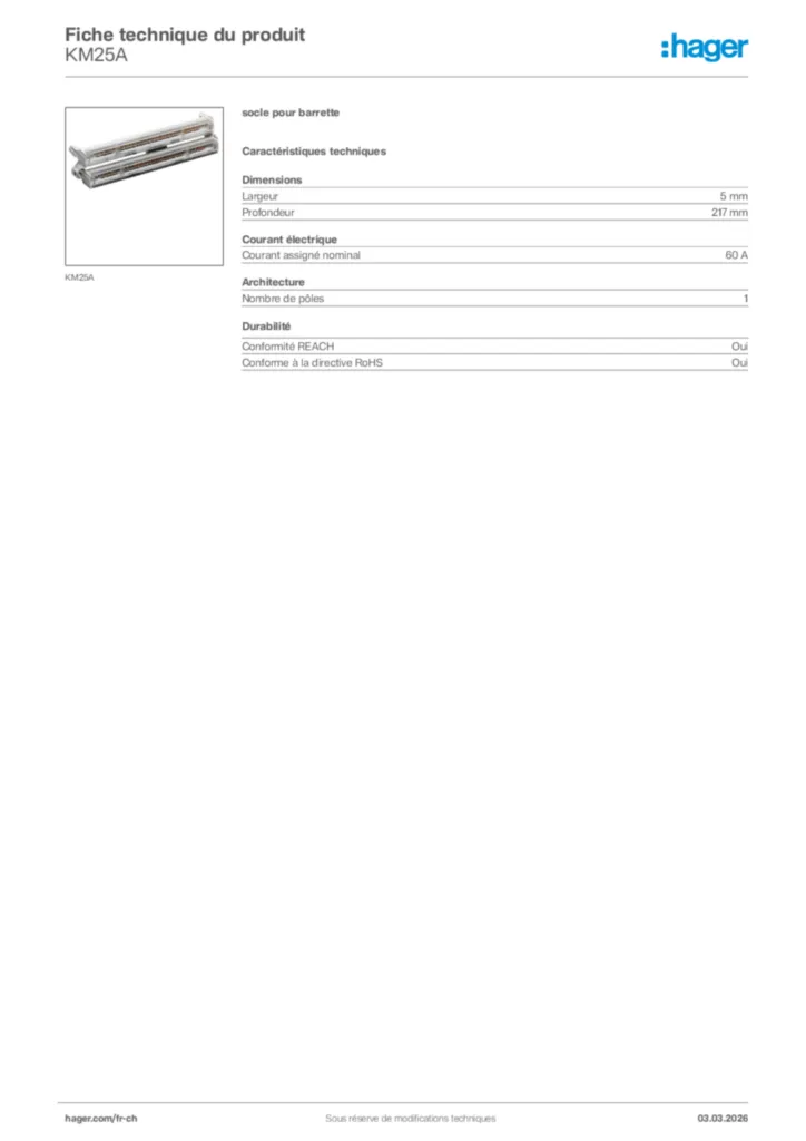 Image Hager Fiche technique du produit KM25A | Hager Suisse