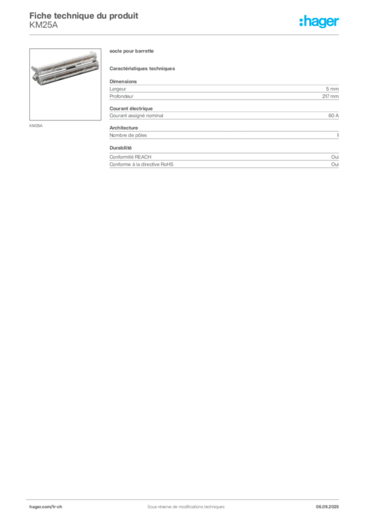 Image Hager Fiche technique du produit KM25A | Hager Suisse