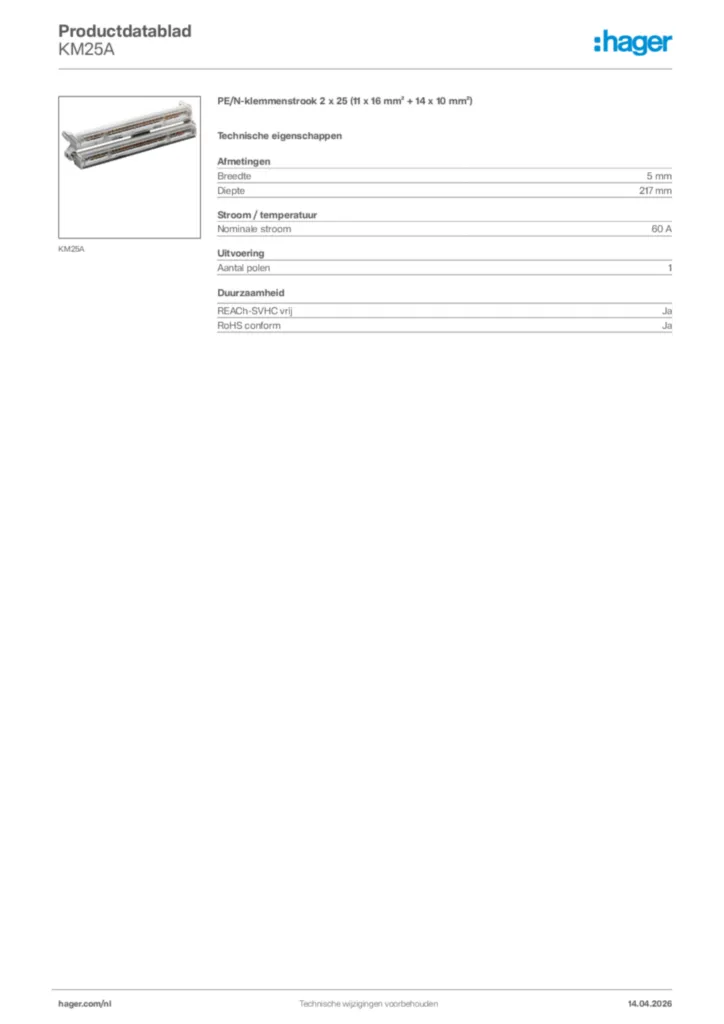 Afbeelding Hager Productdatablad KM25A | Hager Nederland