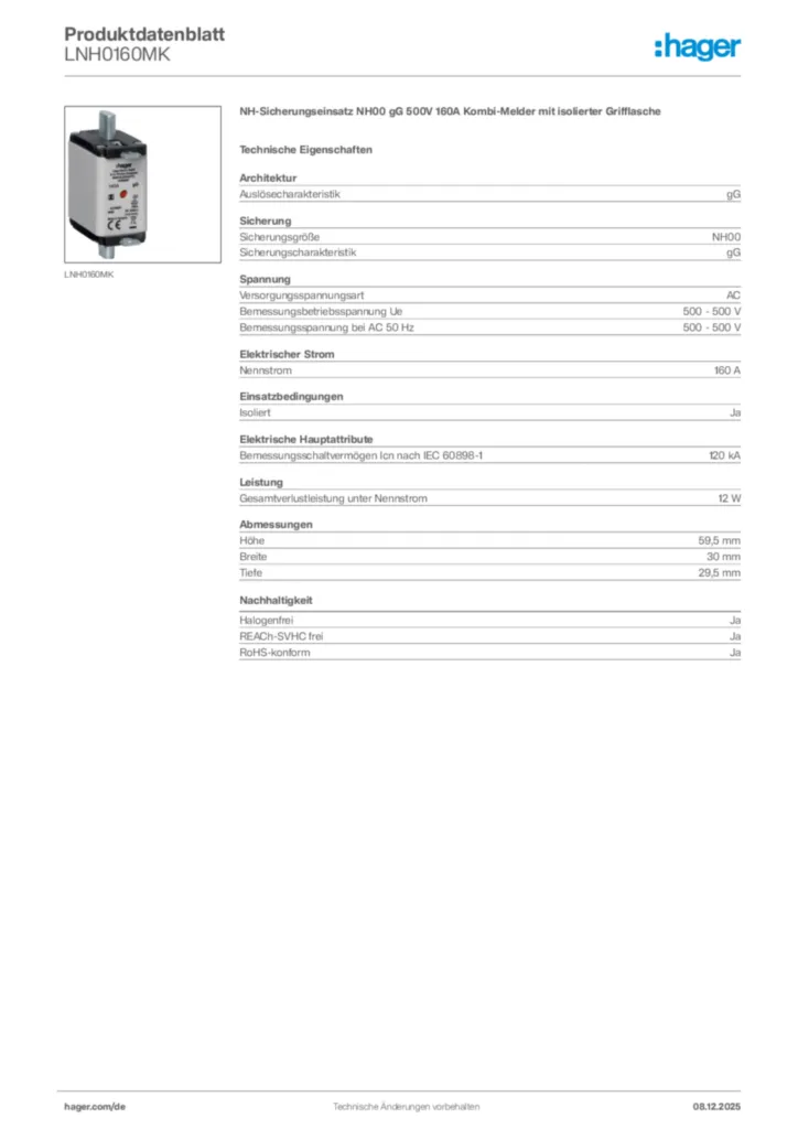 Hager Produktdatenblatt LNH0160MK